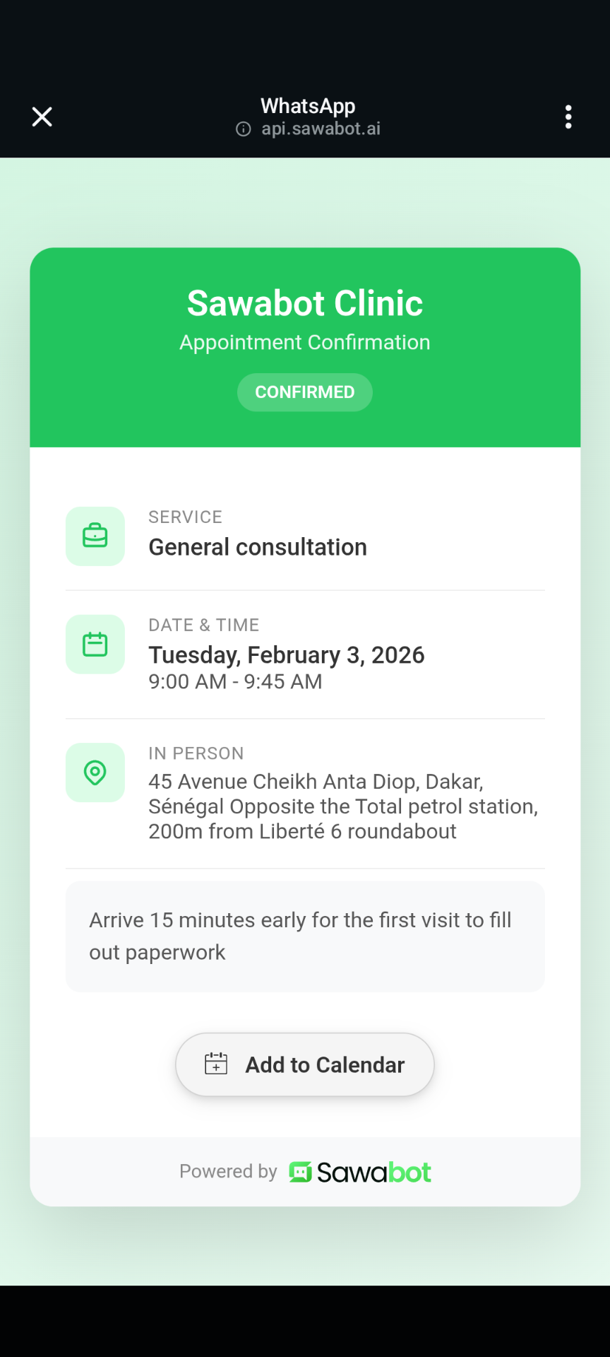 Sawabot Appointment Confirmation on WhatsApp