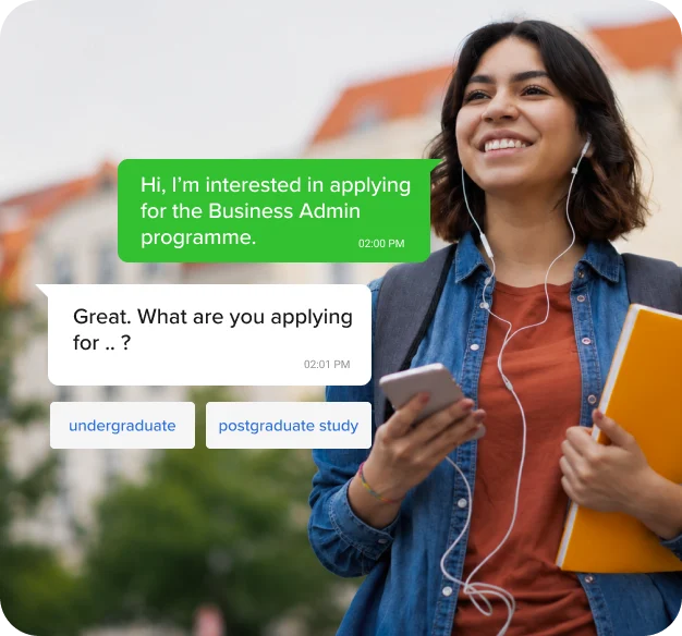 Prospective student applying for a business administration programme on WhatsApp.
