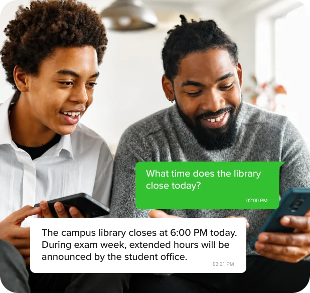 Student and parent asking about campus library hours on WhatsApp.