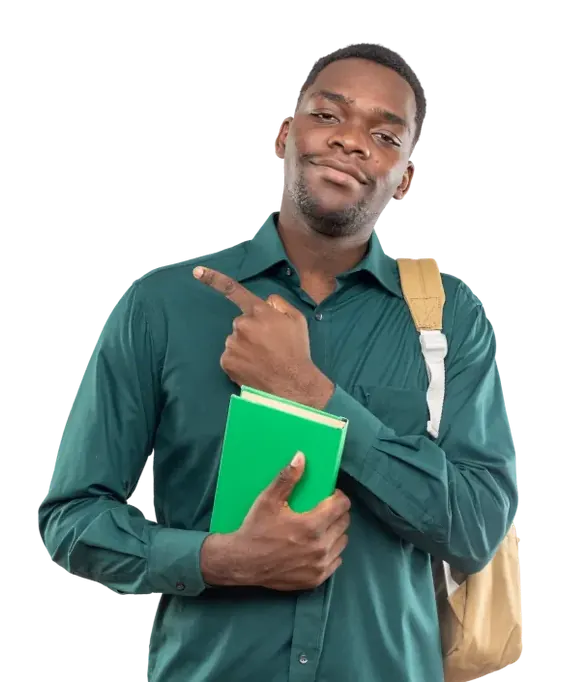 Futur étudiant tenant un cahier sur une section WhatsApp verte.