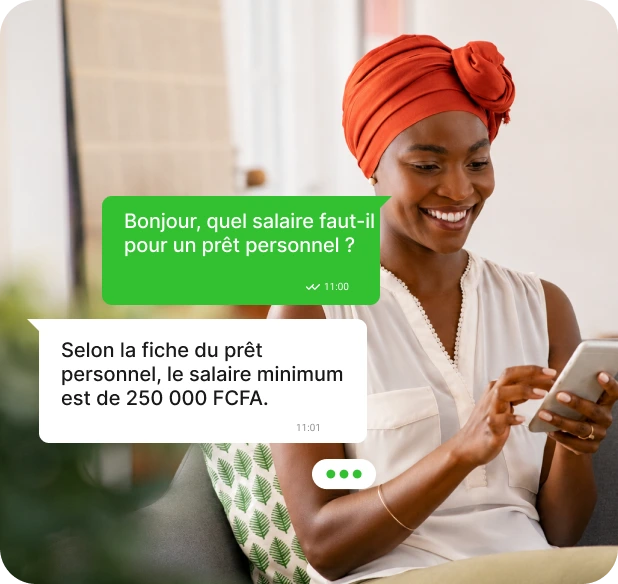 Client demandant sur WhatsApp le salaire minimum requis pour un prêt personnel.