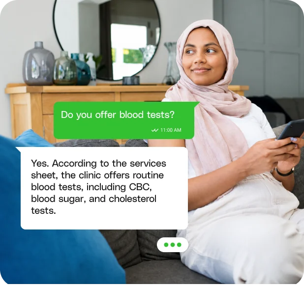 Patient messaging a clinic about lab tests on WhatsApp.