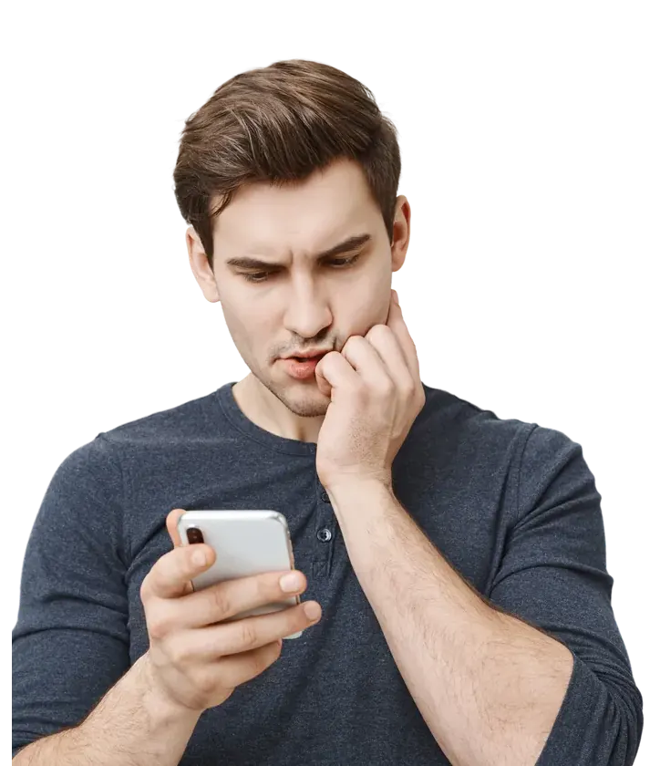 Patient inquiet tenant un téléphone sur une section verte WhatsApp.