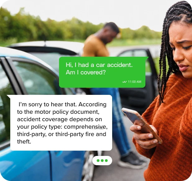 Policyholder asking whether a car accident is covered on WhatsApp.
