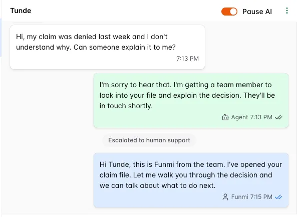 Sawabot inbox view showing a team member taking over after an AI response.