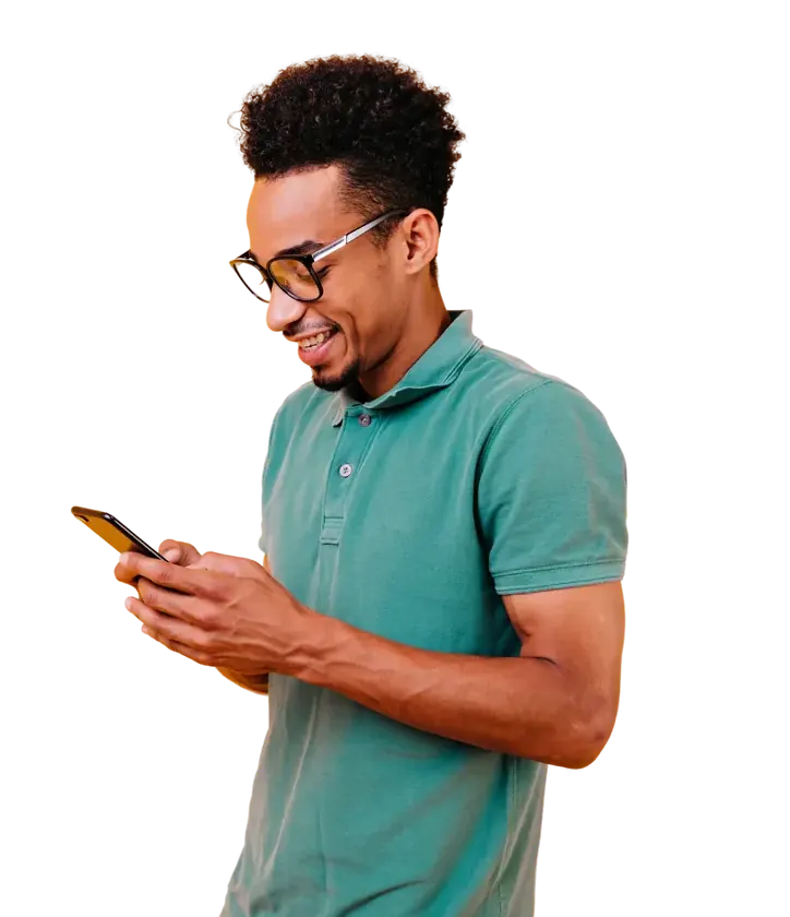 Policyholder smiling while reading a WhatsApp message.