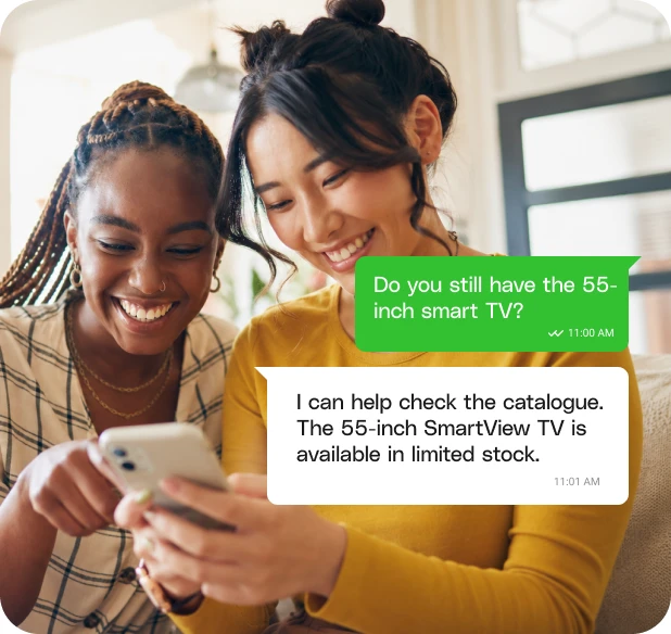 Two customers asking about TV availability on WhatsApp.