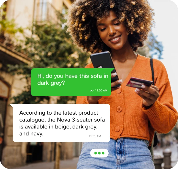 Customer asking whether a sofa is available in dark grey on WhatsApp.
