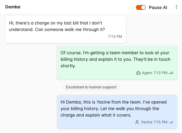 Sawabot inbox view showing a team member taking over after an AI response.