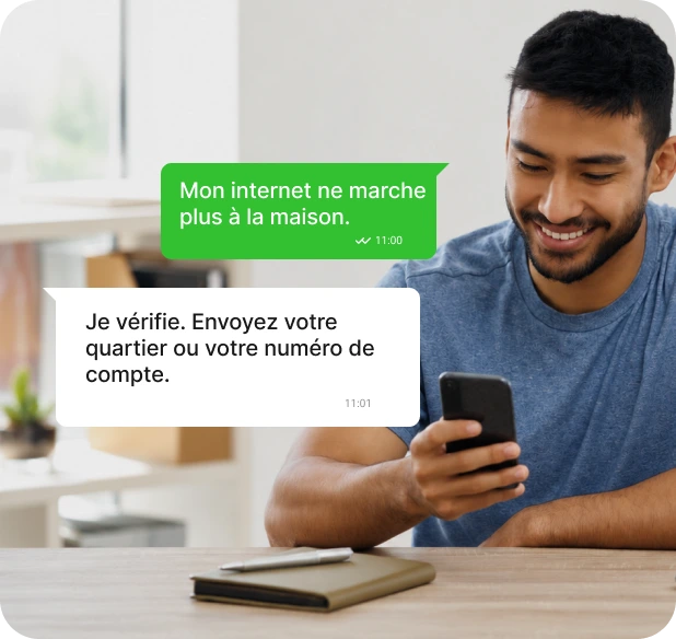 Abonné signalant une panne internet à domicile sur WhatsApp.