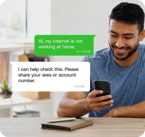 Subscriber reporting a home internet outage on WhatsApp.