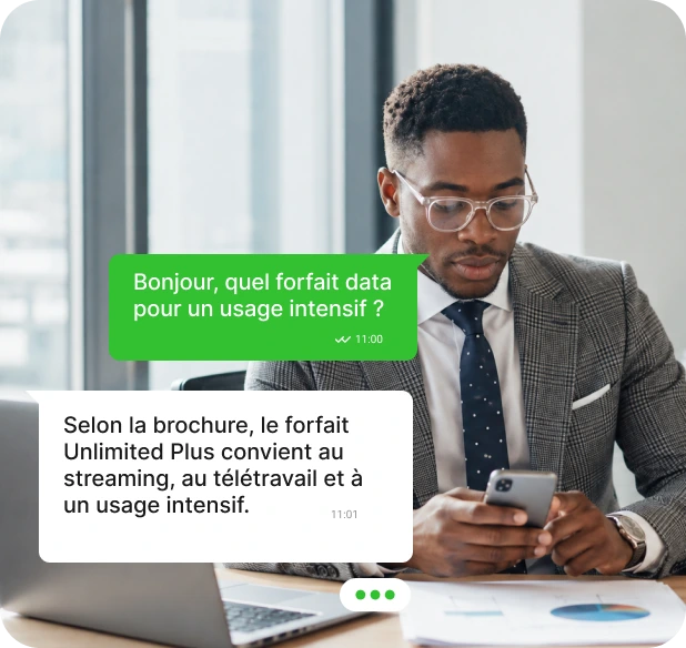 Abonné demandant sur WhatsApp quel forfait data convient à un usage intensif.