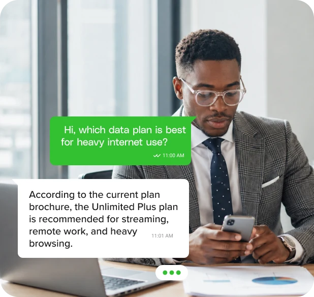Subscriber asking which data plan is best for heavy internet use on WhatsApp.