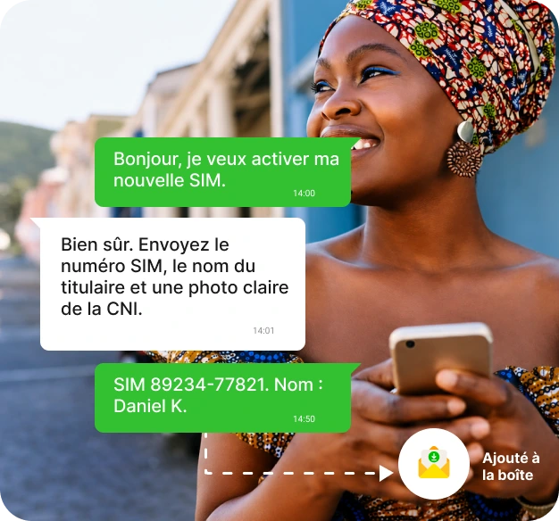 Abonné lançant une demande d'activation SIM sur WhatsApp.