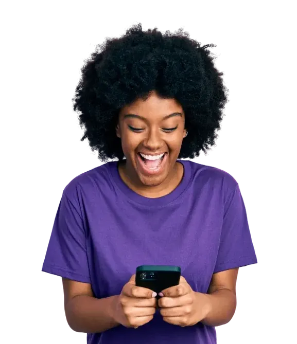 Customer smiling while using WhatsApp on a green section.
