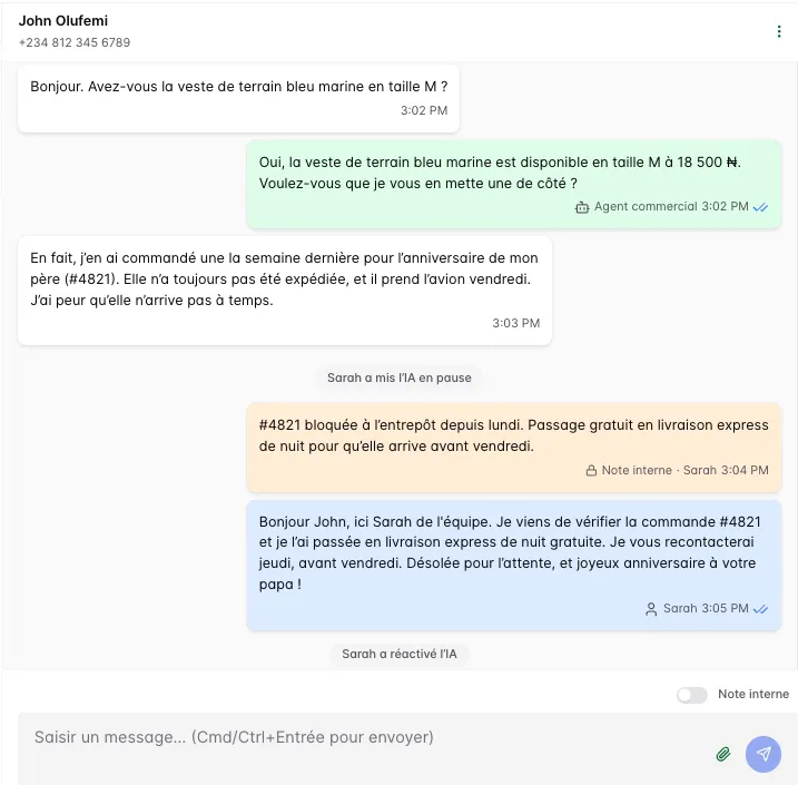 Boîte de réception Sawabot montrant une reprise humaine d'une conversation WhatsApp.
