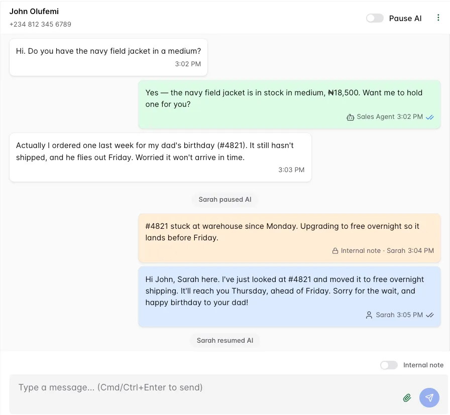 Sawabot inbox showing an operator taking over a WhatsApp conversation.