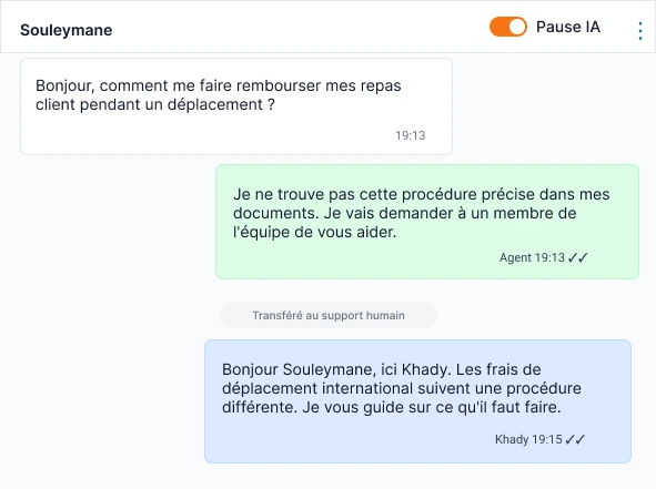 Conversation Sawabot pour le travail où l'IA transmet une question de remboursement à une personne de l'équipe.
