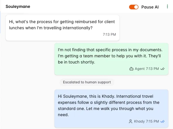Sawabot for Work conversation showing the AI escalating a reimbursement question to a human teammate.